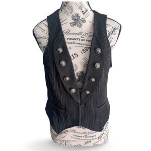 Y2K Napoleon Pinstripe Vest Military Waistcoat Black Large Tailored
